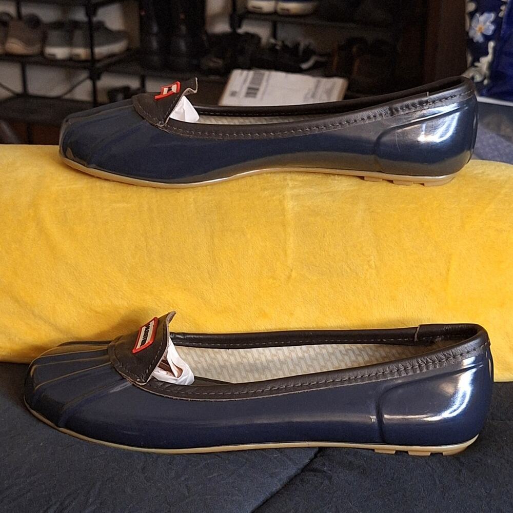 Hunter Flats Women's 10 Navy Blue Rubber Leather Logo Outdoor Nature Waterproof - Picture 4 of 9